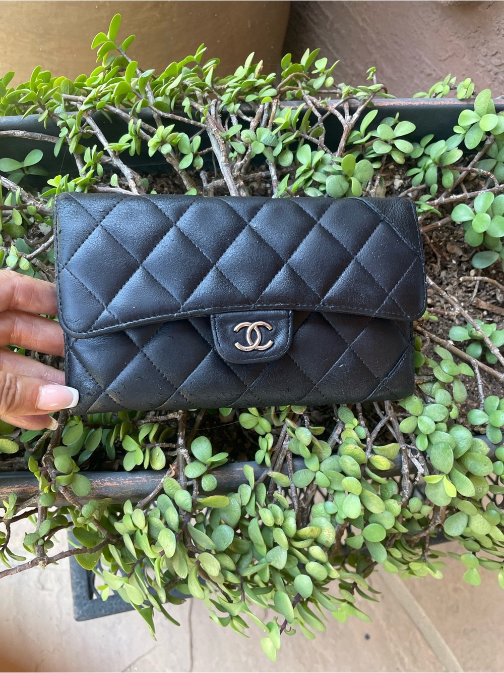 CHANEL Black Quilted Leather Wallet with silver- CC snap closure